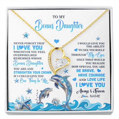 Forever Love Necklace 18K Yellow Gold Finish | 1 | Personalized To My Bonus Daughter Necklace From Stepdmom Dophin Never Forget I Love You Stepddaughter Birthday Gifts Christmas Customized Gift Box Message Card | siriusteestore
