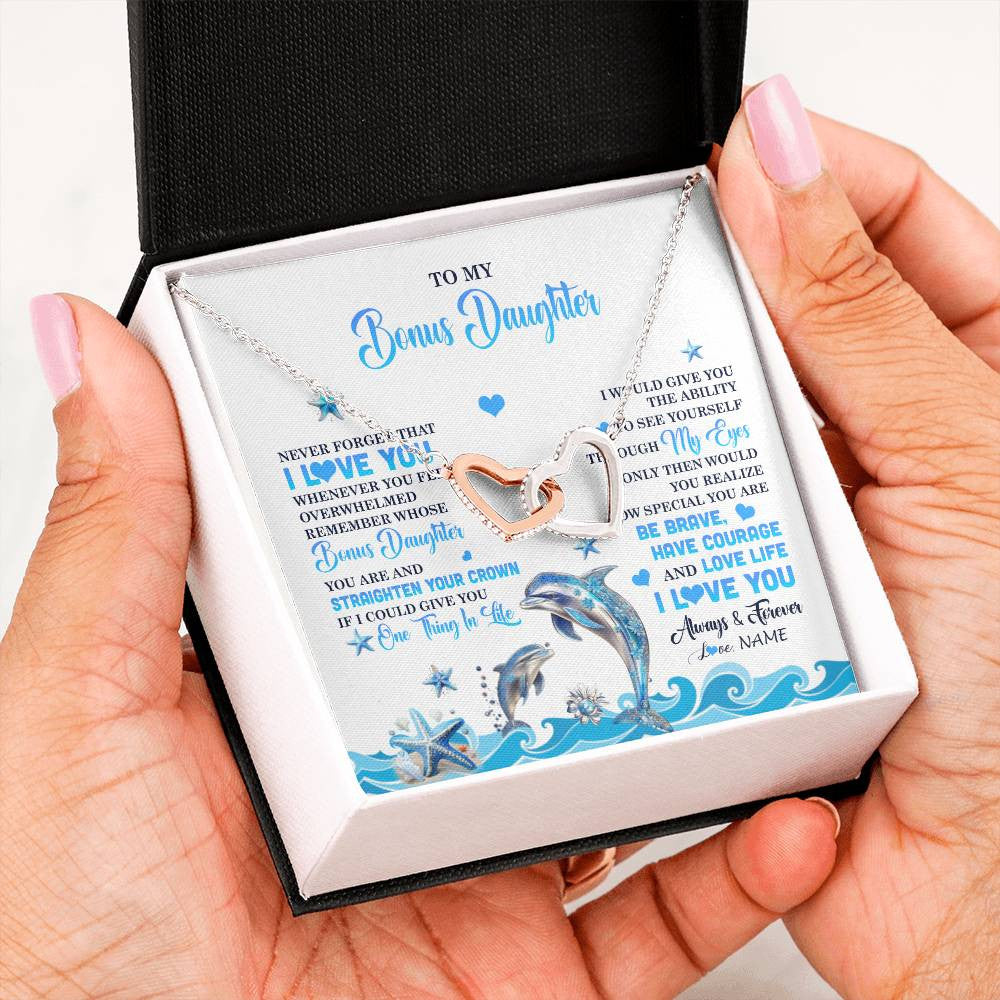 Interlocking Hearts Necklace Stainless Steel & Rose Gold Finish | 2 | Personalized To My Bonus Daughter Necklace From Stepdmom Dophin Never Forget I Love You Stepddaughter Birthday Gifts Christmas Customized Gift Box Message Card | siriusteestore
