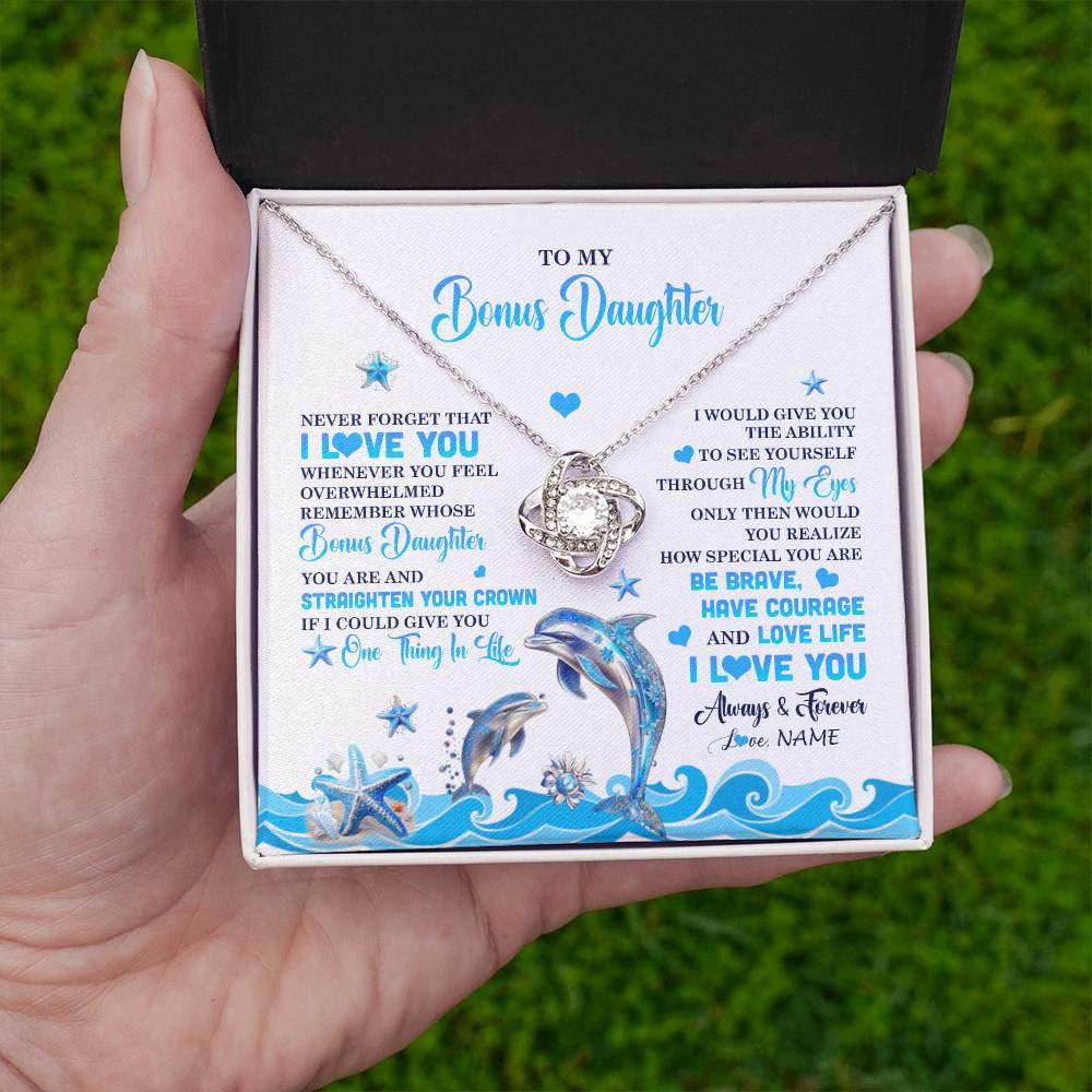 Love Knot Necklace 14K White Gold Finish | 2 | Personalized To My Bonus Daughter Necklace From Stepdmom Dophin Never Forget I Love You Stepddaughter Birthday Gifts Christmas Customized Gift Box Message Card | siriusteestore