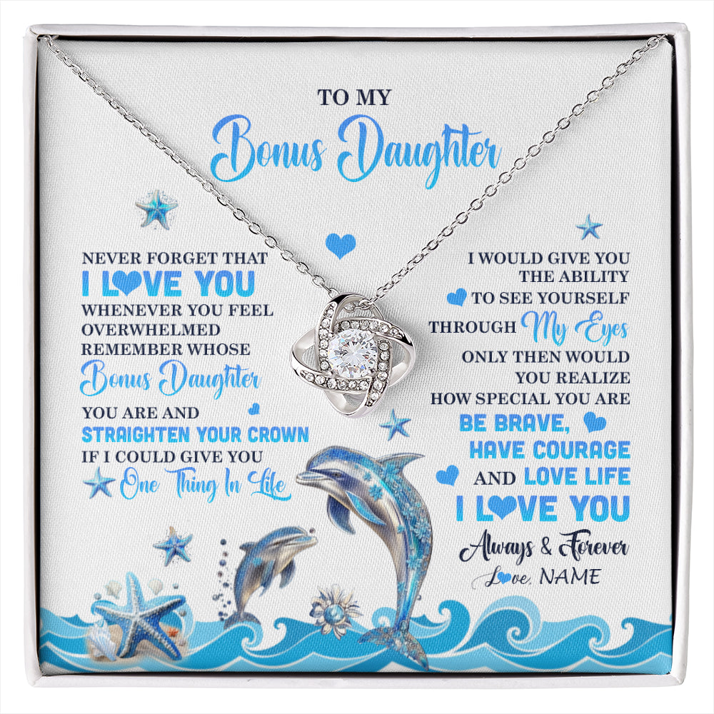 Love Knot Necklace 14K White Gold Finish | 1 | Personalized To My Bonus Daughter Necklace From Stepdmom Dophin Never Forget I Love You Stepddaughter Birthday Gifts Christmas Customized Gift Box Message Card | siriusteestore
