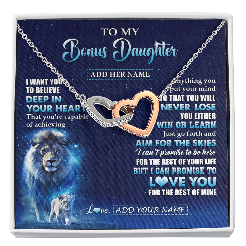 Interlocking Hearts Necklace Stainless Steel & Rose Gold Finish | 1 | Personalized To My Bonus Daughter Necklace From Stepfather Believe Your Heart Stepdaughter Gift Birthday Graduation Christmas Customized Gift Box Message Card | siriusteestore.myshopify