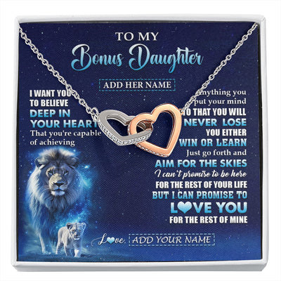 Interlocking Hearts Necklace Stainless Steel & Rose Gold Finish | 1 | Personalized To My Bonus Daughter Necklace From Stepfather Believe Your Heart Stepdaughter Gift Birthday Graduation Christmas Customized Gift Box Message Card | siriusteestore.myshopify