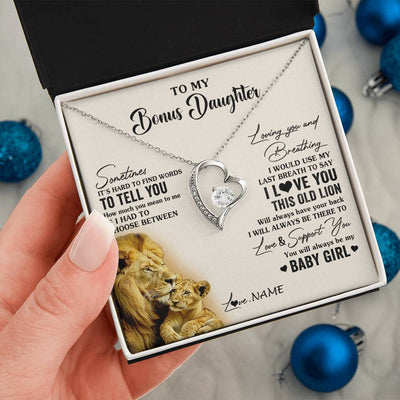 Forever Love Necklace 14K White Gold Finish | 2 | Personalized To My Bonus Daughter Necklace From Stepfather I Love You This Old Lion Stepdaughter Birthday Christmas Customized Gift Box Message Card | siriusteestore