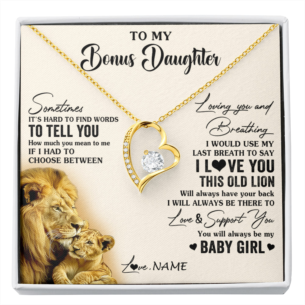 Forever Love Necklace 18K Yellow Gold Finish | 1 | Personalized To My Bonus Daughter Necklace From Stepfather I Love You This Old Lion Stepdaughter Birthday Christmas Customized Gift Box Message Card | siriusteestore