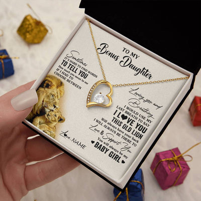 Forever Love Necklace 18K Yellow Gold Finish | 2 | Personalized To My Bonus Daughter Necklace From Stepfather I Love You This Old Lion Stepdaughter Birthday Christmas Customized Gift Box Message Card | siriusteestore