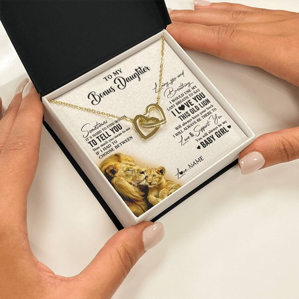 Interlocking Hearts Necklace 18K Yellow Gold Finish | 2 | Personalized To My Bonus Daughter Necklace From Stepfather I Love You This Old Lion Stepdaughter Birthday Christmas Customized Gift Box Message Card | siriusteestore