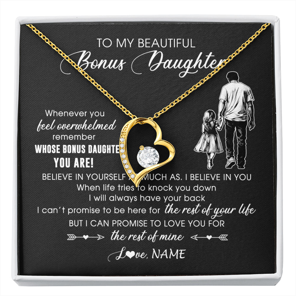 Forever Love Necklace 18K Yellow Gold Finish | 1 | Personalized To My Bonus Daughter Necklace From Stepfather Whenever You Feel Overwhelmed Stepdaughter Jewelry Birthday Christmas Customized Message Card | siriusteestore