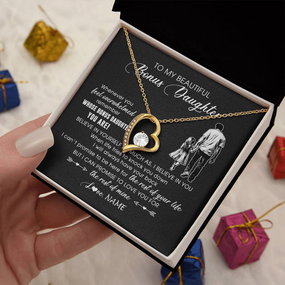 Forever Love Necklace 18K Yellow Gold Finish | 2 | Personalized To My Bonus Daughter Necklace From Stepfather Whenever You Feel Overwhelmed Stepdaughter Jewelry Birthday Christmas Customized Message Card | siriusteestore