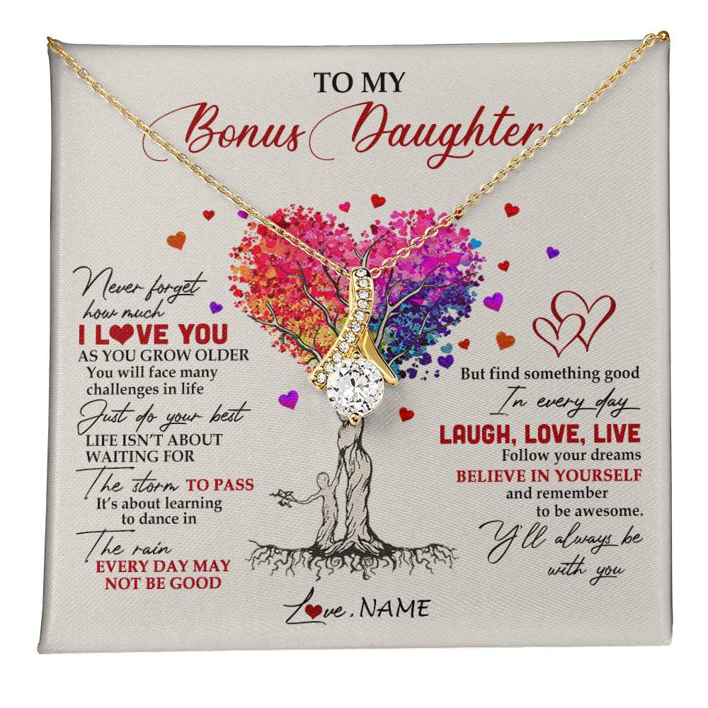 Alluring Beauty Necklace 18K Yellow Gold Finish | 1 | Personalized To My Bonus Daughter Necklace From Stepmom Colorful Tree Never Forget I Love You Stepdaughter Birthday Christmas Customized Gift Box Message Card | siriusteestore