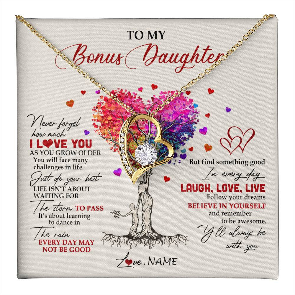 Forever Love Necklace 18K Yellow Gold Finish | 1 | Personalized To My Bonus Daughter Necklace From Stepmom Colorful Tree Never Forget I Love You Stepdaughter Birthday Christmas Customized Gift Box Message Card | siriusteestore