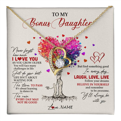 Forever Love Necklace 18K Yellow Gold Finish | 1 | Personalized To My Bonus Daughter Necklace From Stepmom Colorful Tree Never Forget I Love You Stepdaughter Birthday Christmas Customized Gift Box Message Card | siriusteestore