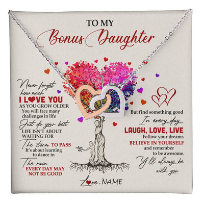 Interlocking Hearts Necklace Stainless Steel & Rose Gold Finish | 1 | Personalized To My Bonus Daughter Necklace From Stepmom Colorful Tree Never Forget I Love You Stepdaughter Birthday Christmas Customized Gift Box Message Card | siriusteestore