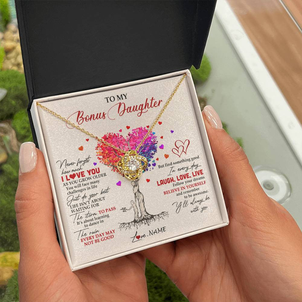 Love Knot Necklace 18K Yellow Gold Finish | 2 | Personalized To My Bonus Daughter Necklace From Stepmom Colorful Tree Never Forget I Love You Stepdaughter Birthday Christmas Customized Gift Box Message Card | siriusteestore