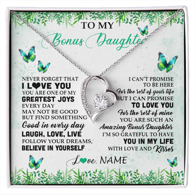 Forever Love Necklace 14K White Gold Finish | 1 | Personalized To My Bonus Daughter Necklace From Stepmom Dad Butterfly Laugh Love Live Birthday Motivational Quote Christmas Customized Gift Box Message Card | siriusteestore