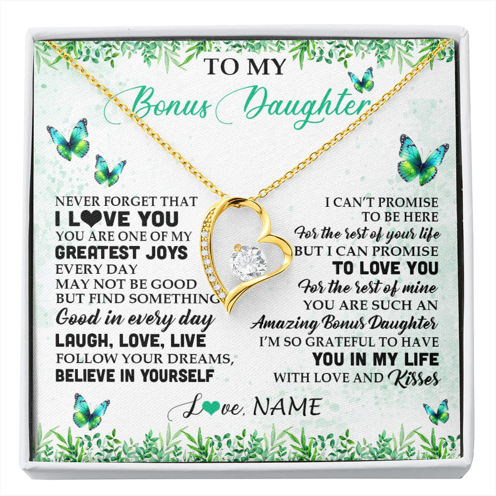 Forever Love Necklace 18K Yellow Gold Finish | 1 | Personalized To My Bonus Daughter Necklace From Stepmom Dad Butterfly Laugh Love Live Birthday Motivational Quote Christmas Customized Gift Box Message Card | siriusteestore