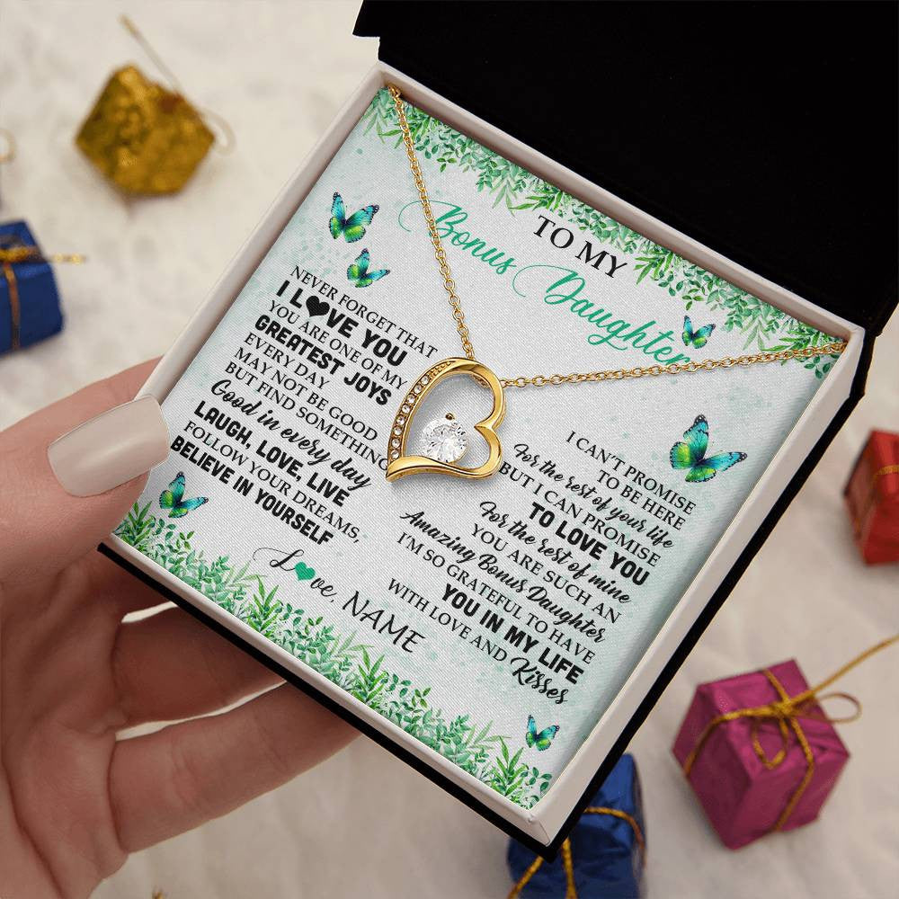 Forever Love Necklace 18K Yellow Gold Finish | 2 | Personalized To My Bonus Daughter Necklace From Stepmom Dad Butterfly Laugh Love Live Birthday Motivational Quote Christmas Customized Gift Box Message Card | siriusteestore