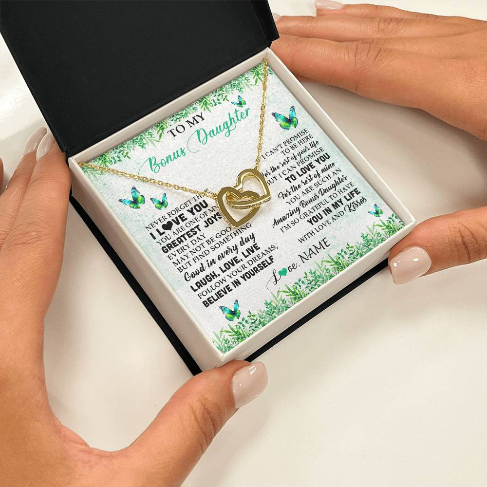 Interlocking Hearts Necklace 18K Yellow Gold Finish | 2 | Personalized To My Bonus Daughter Necklace From Stepmom Dad Butterfly Laugh Love Live Birthday Motivational Quote Christmas Customized Gift Box Message Card | siriusteestore