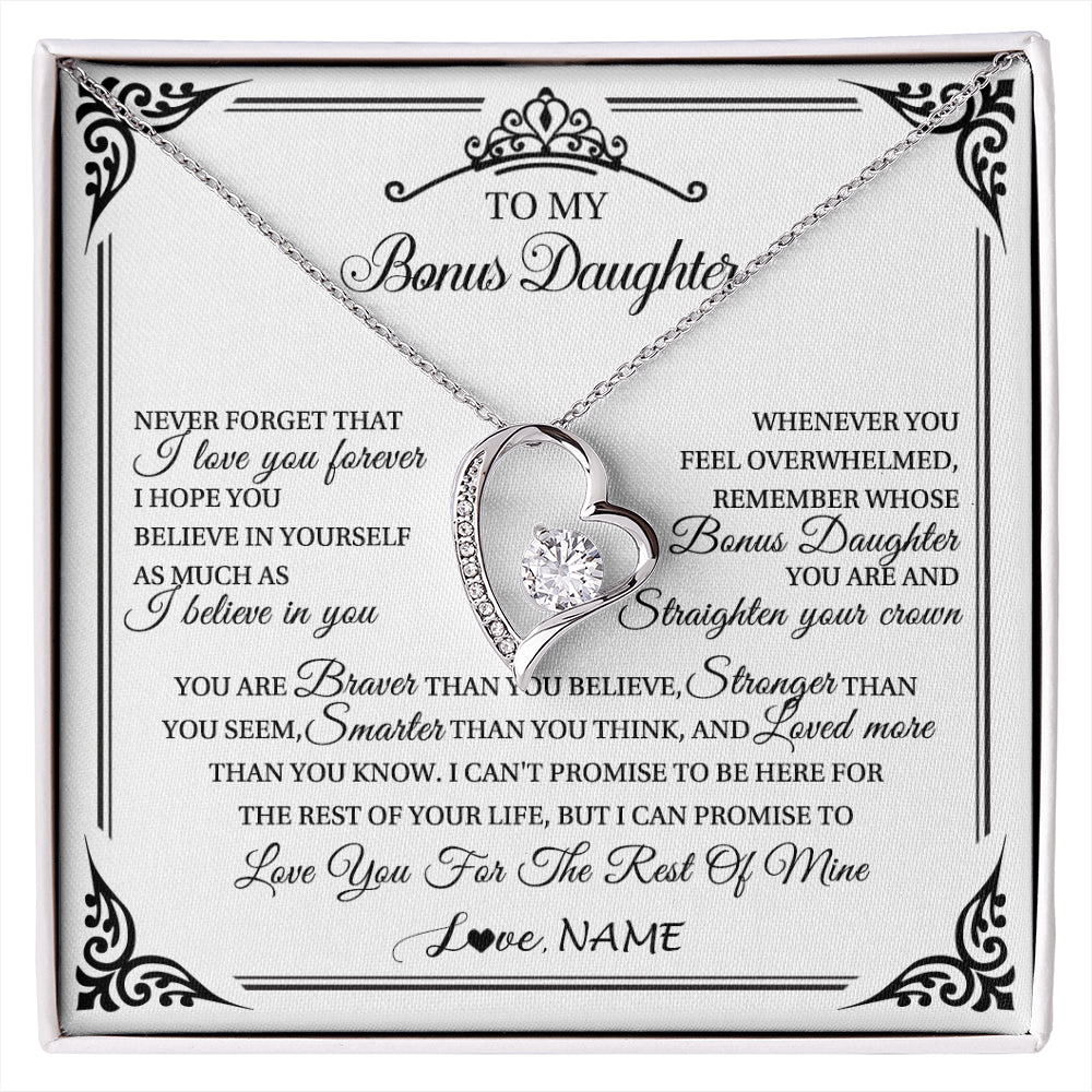 Forever Love Necklace 14K White Gold Finish | 1 | Personalized To My Bonus Daughter Necklace From Stepmom Dad I Love You Forever Stepddaughter Birthday Valentines Day Christmas Customized Gift Box Message Card | siriusteestore