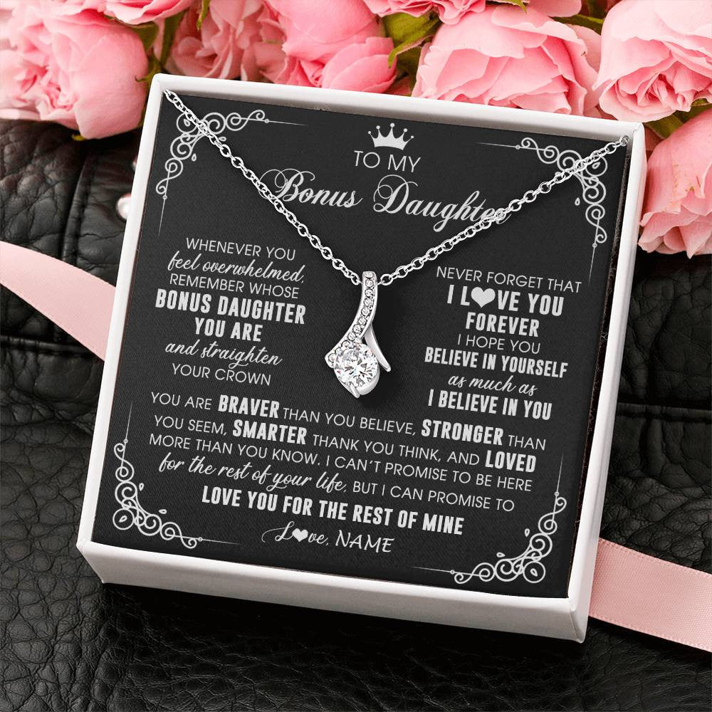 Alluring Beauty Necklace 14K White Gold Finish | 2 | Personalized To My Bonus Daughter Necklace From Stepmom Dad Inspirational Strength Bonus Daughter Birthday Gifts Christmas Customized Gift Box Message Card | siriusteestore