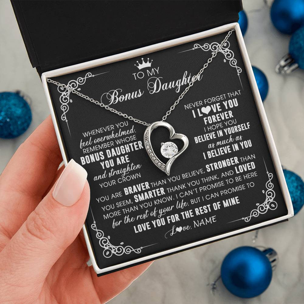 Forever Love Necklace 14K White Gold Finish | 2 | Personalized To My Bonus Daughter Necklace From Stepmom Dad Inspirational Strength Bonus Daughter Birthday Gifts Christmas Customized Gift Box Message Card | siriusteestore