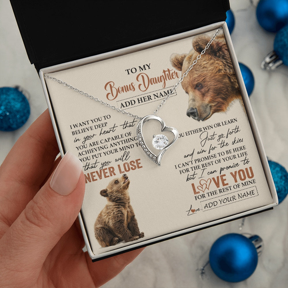 Forever Love Necklace 14K White Gold Finish | 2 | Personalized To My Bonus Daughter Necklace From Stepmom Dad You Will Never Lose Bear Stepdaughter Birthday Gifts Graduation Christmas Gift Box Message Card | siriusteestore.myshopify