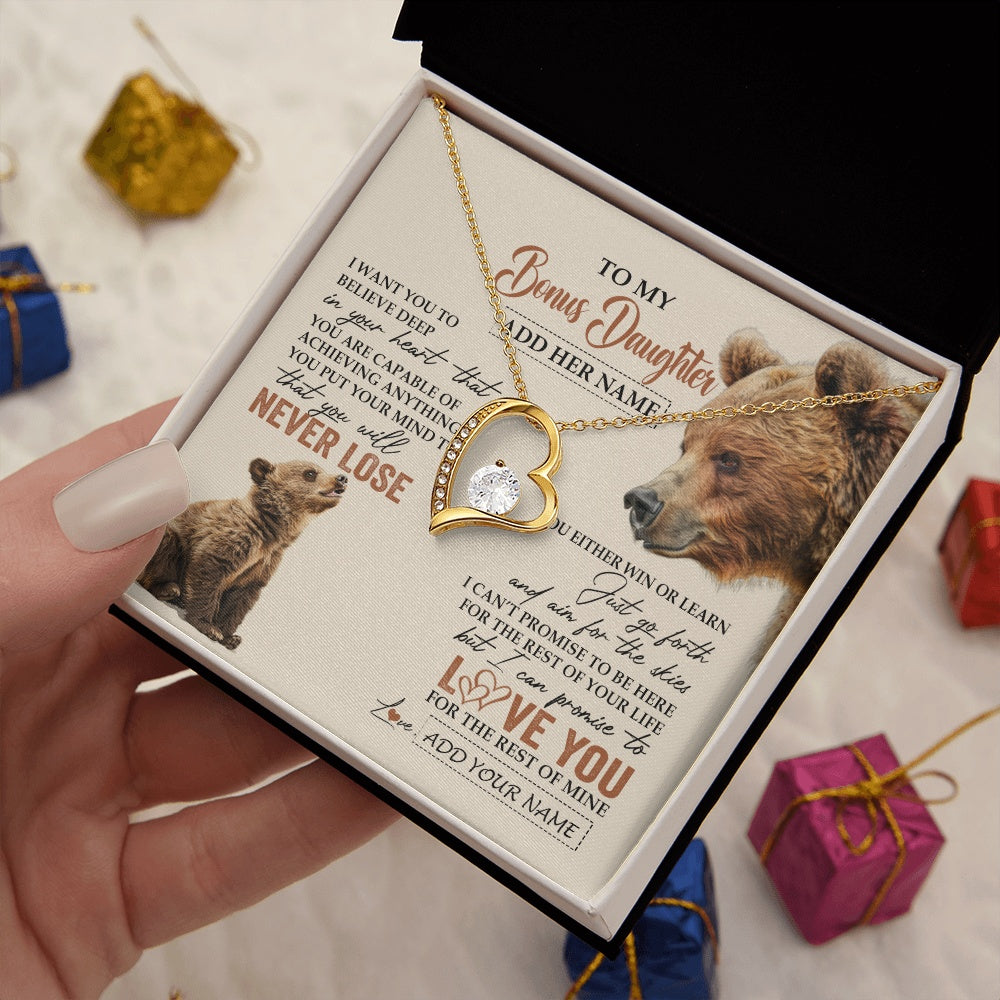Forever Love Necklace 18K Yellow Gold Finish | 2 | Personalized To My Bonus Daughter Necklace From Stepmom Dad You Will Never Lose Bear Stepdaughter Birthday Gifts Graduation Christmas Gift Box Message Card | siriusteestore.myshopify