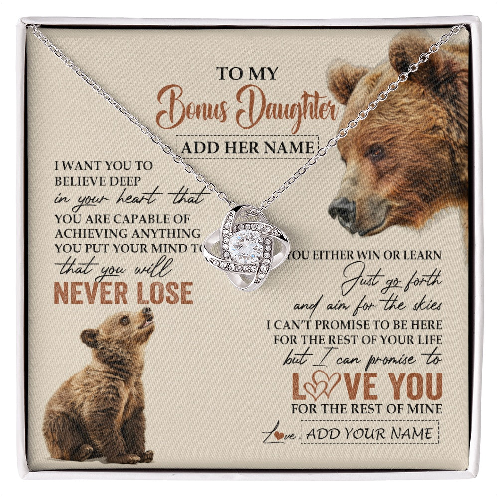 Love Knot Necklace 14K White Gold Finish | 1 | Personalized To My Bonus Daughter Necklace From Stepmom Dad You Will Never Lose Bear Stepdaughter Birthday Gifts Graduation Christmas Gift Box Message Card | siriusteestore.myshopify