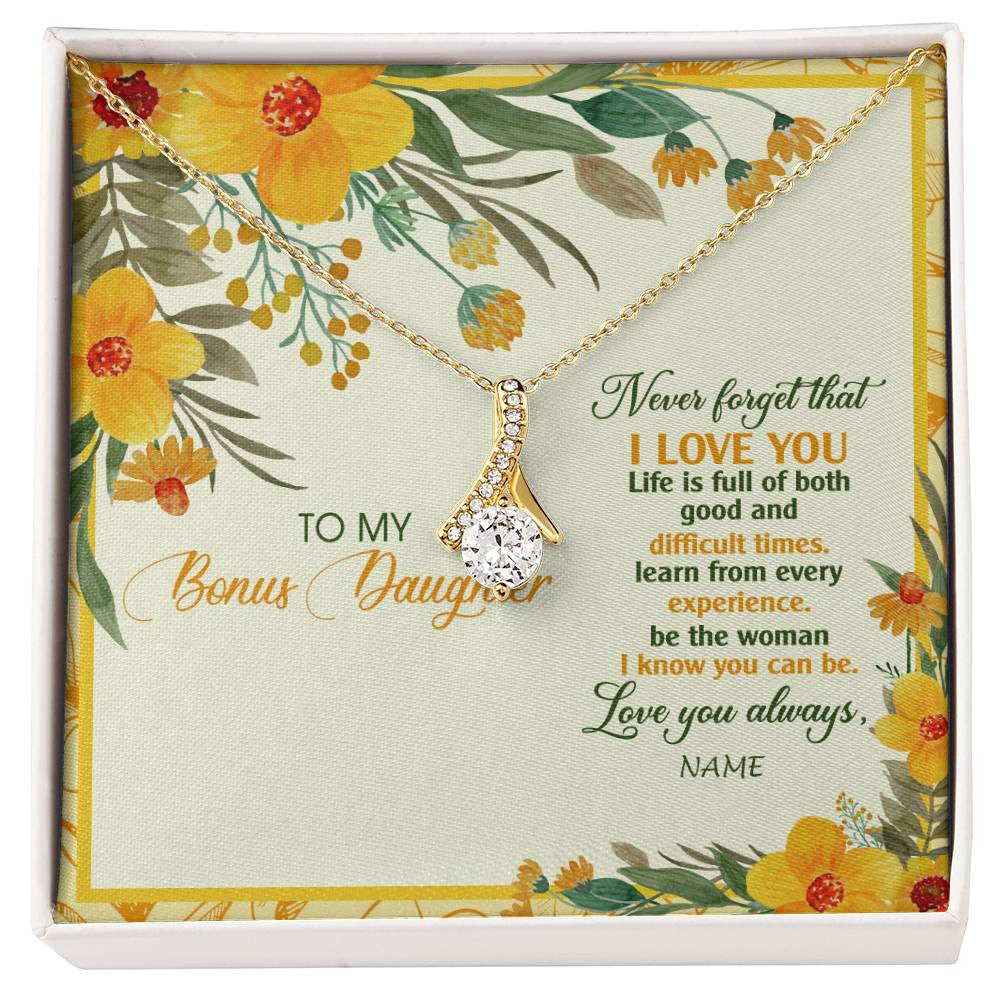 Alluring Beauty Necklace 18K Yellow Gold Finish | Personalized To My Bonus Daughter Necklace From Stepmom Flower Never Forget That I Love You Stepdaughter Birthday Christmas Customized Gift Box Message Card | siriusteestore