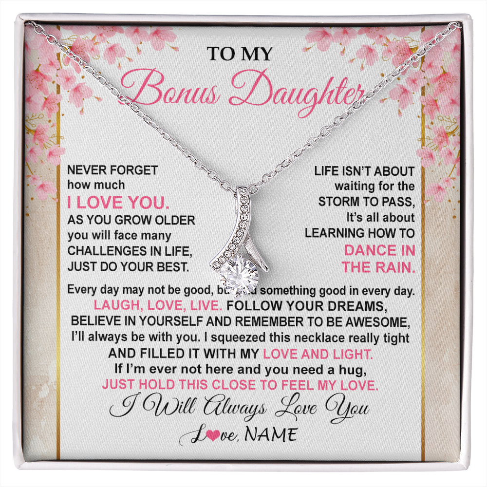 Alluring Beauty Necklace 14K White Gold Finish | 1 | Personalized To My Bonus Daughter Necklace From Stepmom Inspirational I Love You Stepddaughter Birthday Graduation Christmas Customized Gift Box Message Card | siriusteestore