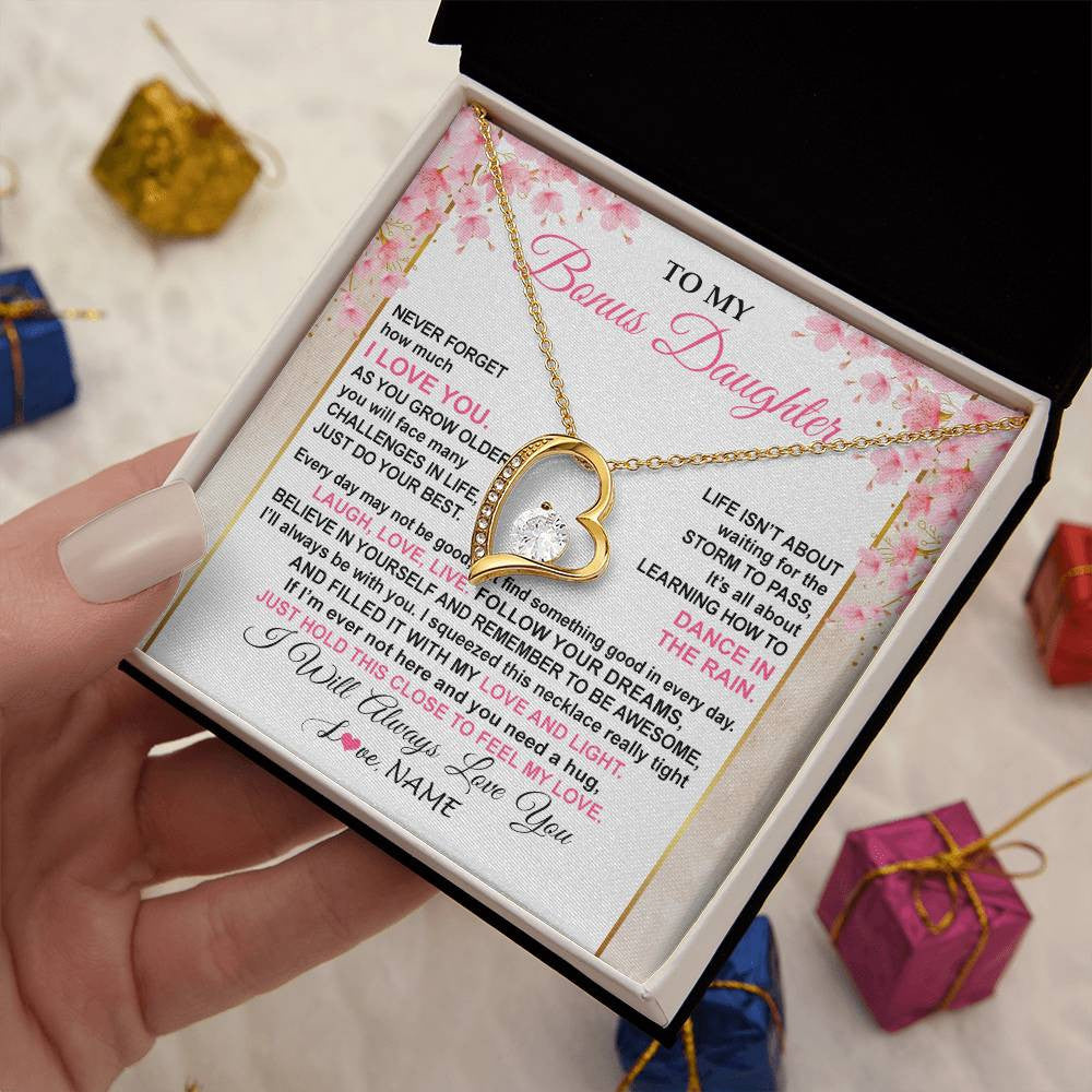 Forever Love Necklace 18K Yellow Gold Finish | 2 | Personalized To My Bonus Daughter Necklace From Stepmom Inspirational I Love You Stepddaughter Birthday Graduation Christmas Customized Gift Box Message Card | siriusteestore