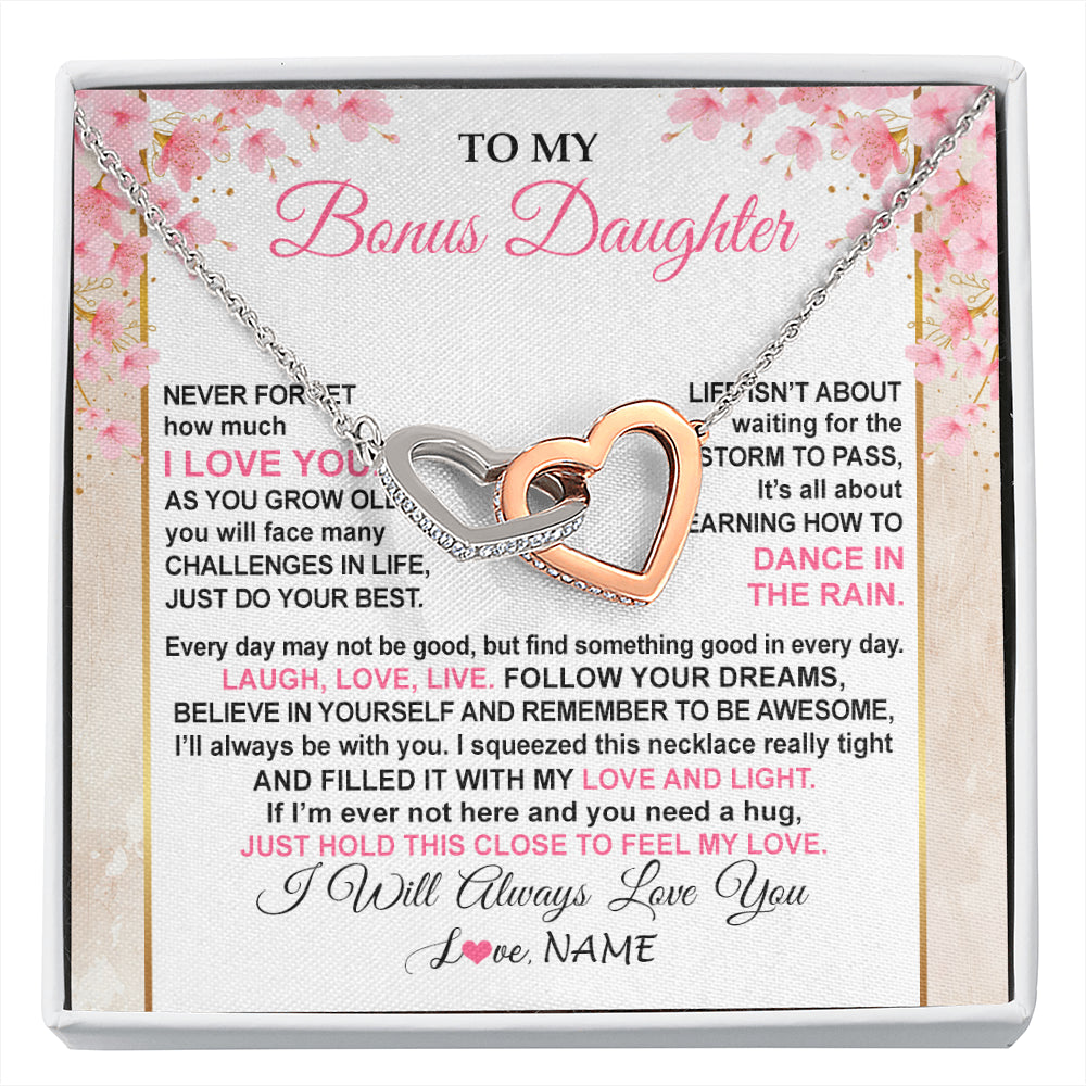 Interlocking Hearts Necklace Stainless Steel & Rose Gold Finish | 1 | Personalized To My Bonus Daughter Necklace From Stepmom Inspirational I Love You Stepddaughter Birthday Graduation Christmas Customized Gift Box Message Card | siriusteestore
