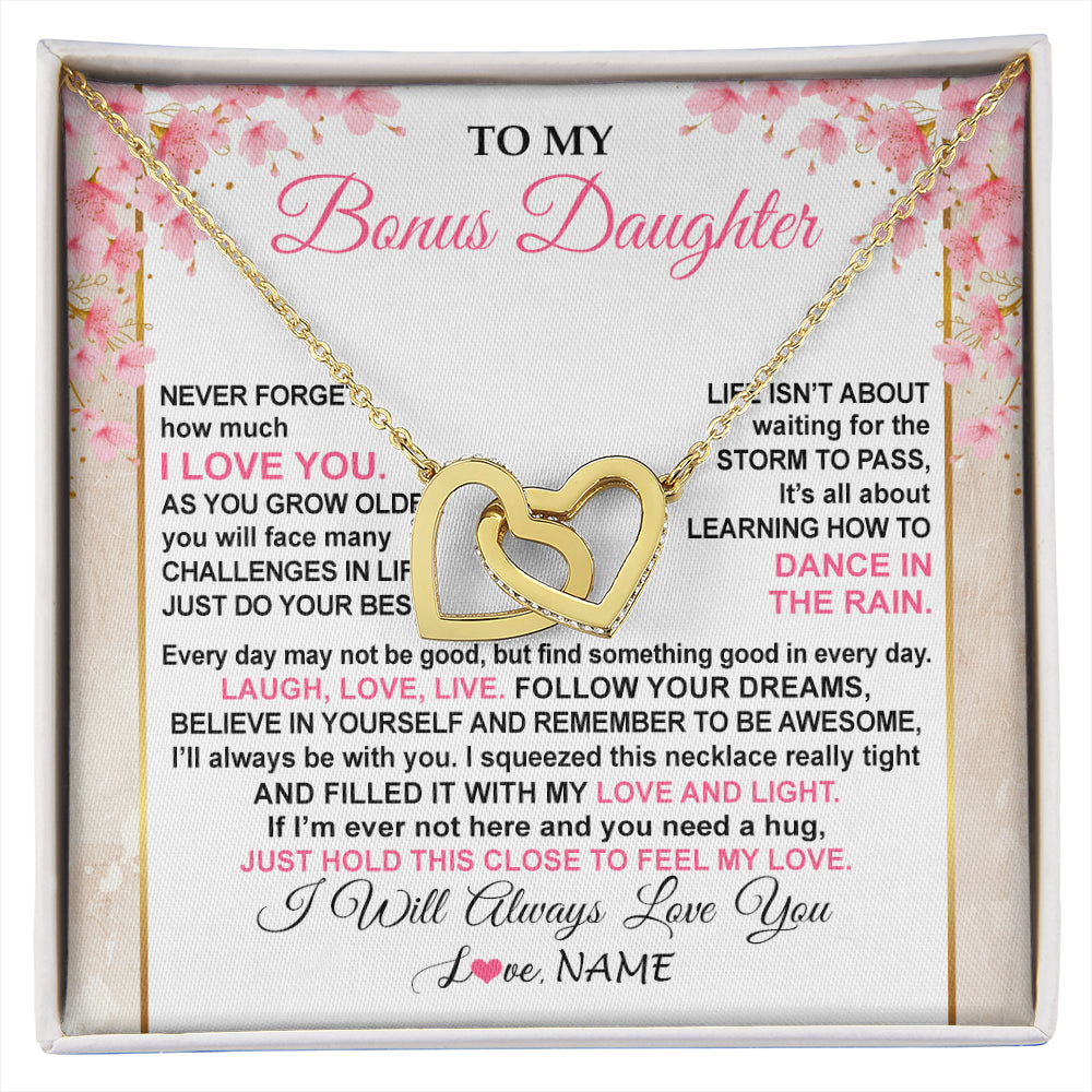 Interlocking Hearts Necklace 18K Yellow Gold Finish | 1 | Personalized To My Bonus Daughter Necklace From Stepmom Inspirational I Love You Stepddaughter Birthday Graduation Christmas Customized Gift Box Message Card | siriusteestore
