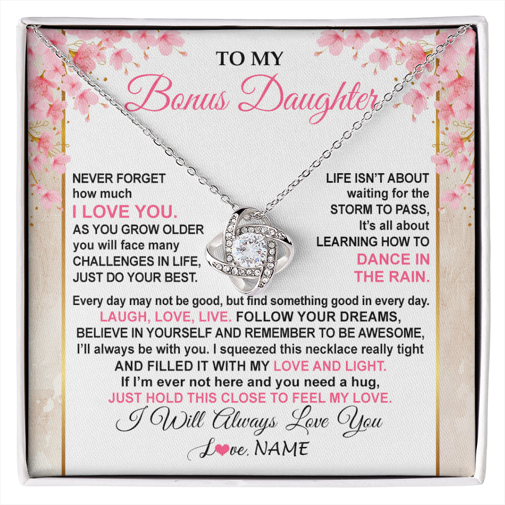 Love Knot Necklace 14K White Gold Finish | 1 | Personalized To My Bonus Daughter Necklace From Stepmom Inspirational I Love You Stepddaughter Birthday Graduation Christmas Customized Gift Box Message Card | siriusteestore