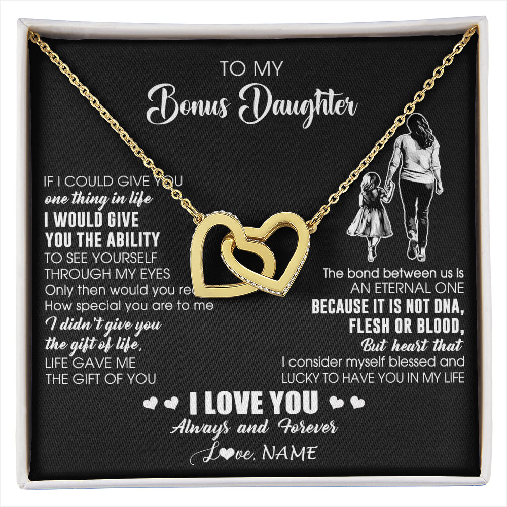 Interlocking Hearts Necklace 18K Yellow Gold Finish | 1 | Personalized To My Bonus Daughter Necklace From Stepmom It Is Not DNA I Love You Birthday Gifts Meaningful Christmas Customized Gift Box Message Card | siriusteestore