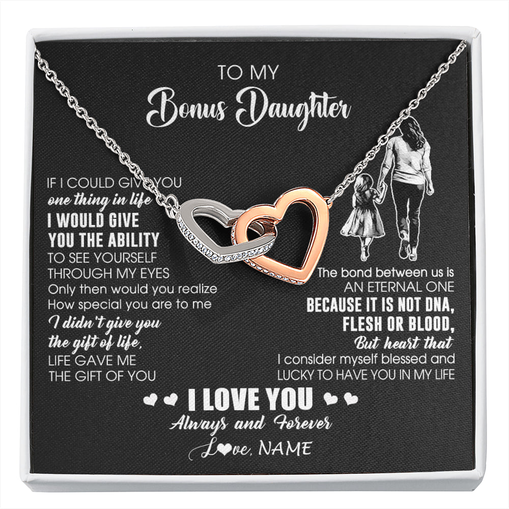 Interlocking Hearts Necklace Stainless Steel & Rose Gold Finish | 1 | Personalized To My Bonus Daughter Necklace From Stepmom It Is Not DNA I Love You Birthday Gifts Meaningful Christmas Customized Gift Box Message Card | siriusteestore