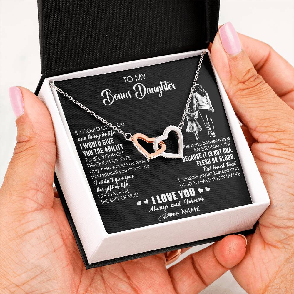 Interlocking Hearts Necklace Stainless Steel & Rose Gold Finish | 2 | Personalized To My Bonus Daughter Necklace From Stepmom It Is Not DNA I Love You Birthday Gifts Meaningful Christmas Customized Gift Box Message Card | siriusteestore
