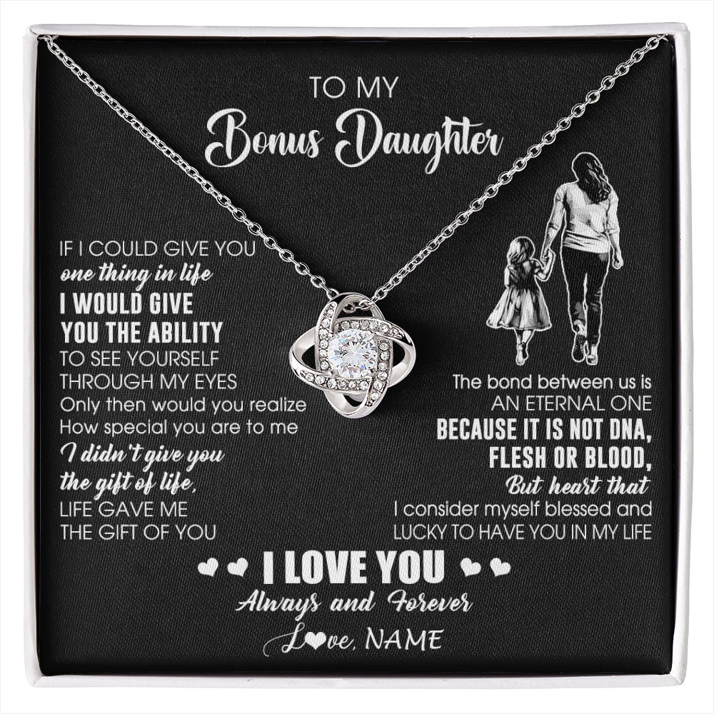 Love Knot Necklace 14K White Gold Finish | 1 | Personalized To My Bonus Daughter Necklace From Stepmom It Is Not DNA I Love You Birthday Gifts Meaningful Christmas Customized Gift Box Message Card | siriusteestore