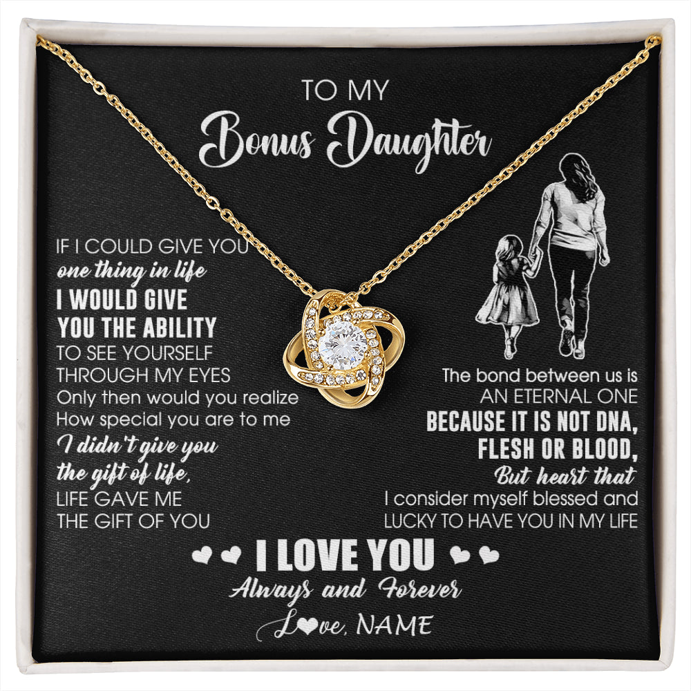 Love Knot Necklace 18K Yellow Gold Finish | 1 | Personalized To My Bonus Daughter Necklace From Stepmom It Is Not DNA I Love You Birthday Gifts Meaningful Christmas Customized Gift Box Message Card | siriusteestore