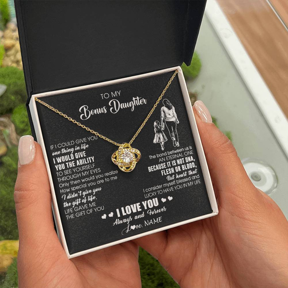 Love Knot Necklace 18K Yellow Gold Finish | 2 | Personalized To My Bonus Daughter Necklace From Stepmom It Is Not DNA I Love You Birthday Gifts Meaningful Christmas Customized Gift Box Message Card | siriusteestore