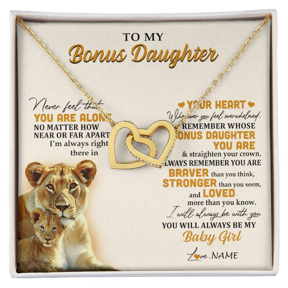 Interlocking Hearts Necklace 18K Yellow Gold Finish | 1 | Personalized To My Bonus Daughter Necklace From Stepmom Lion Never Feel You Are Alone Great Stepdaughter Birthday Christmas Customized Gift Box Message Card | siriusteestore