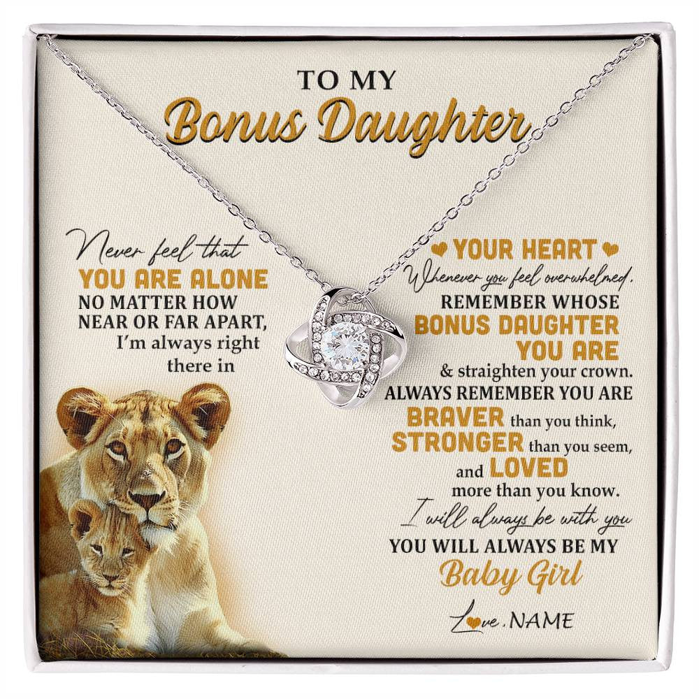 Love Knot Necklace 14K White Gold Finish | 1 | Personalized To My Bonus Daughter Necklace From Stepmom Lion Never Feel You Are Alone Great Stepdaughter Birthday Christmas Customized Gift Box Message Card | siriusteestore