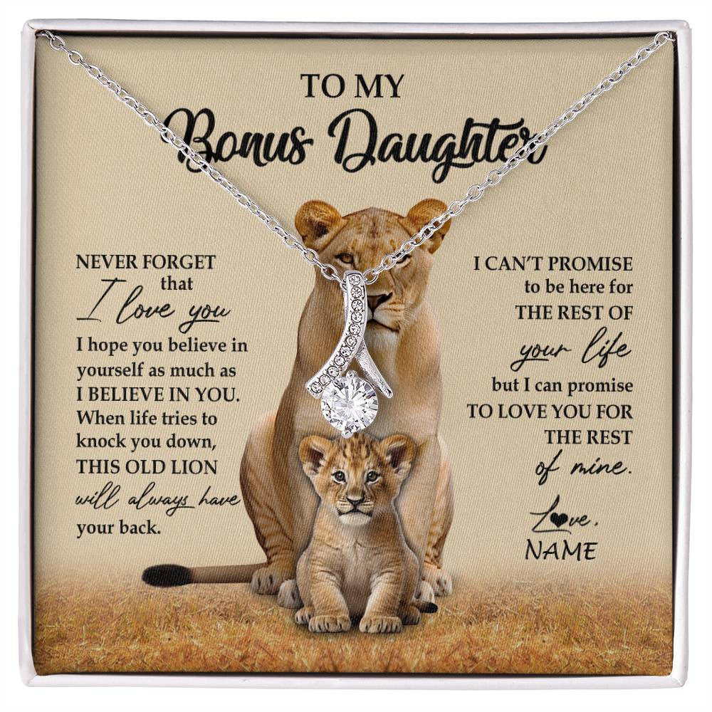 Alluring Beauty Necklace 14K White Gold Finish | 1 | Personalized To My Bonus Daughter Necklace From Stepmom Lion Never Forget That I Love You Stepdaughter Jewelry Birthday Christmas Customized Message Card | siriusteestore