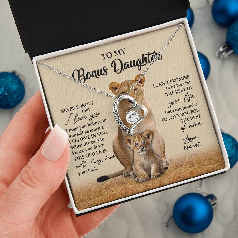 Forever Love Necklace 14K White Gold Finish | 2 | Personalized To My Bonus Daughter Necklace From Stepmom Lion Never Forget That I Love You Stepdaughter Jewelry Birthday Christmas Customized Message Card | siriusteestore