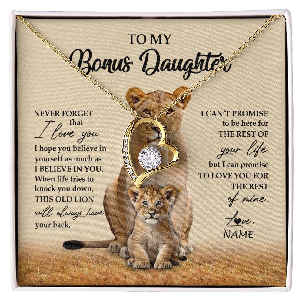 Forever Love Necklace 18K Yellow Gold Finish | 1 | Personalized To My Bonus Daughter Necklace From Stepmom Lion Never Forget That I Love You Stepdaughter Jewelry Birthday Christmas Customized Message Card | siriusteestore