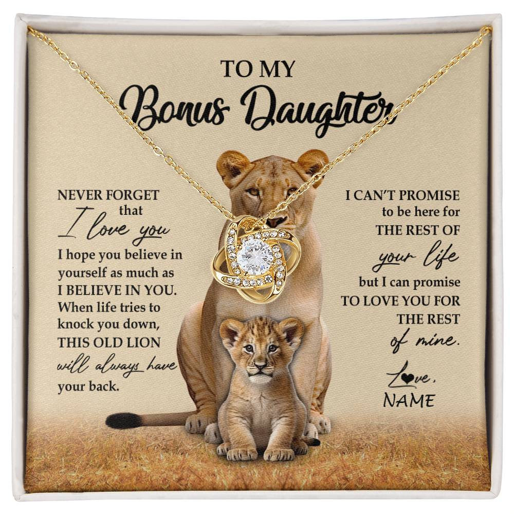 Love Knot Necklace 18K Yellow Gold Finish | 1 | Personalized To My Bonus Daughter Necklace From Stepmom Lion Never Forget That I Love You Stepdaughter Jewelry Birthday Christmas Customized Message Card | siriusteestore