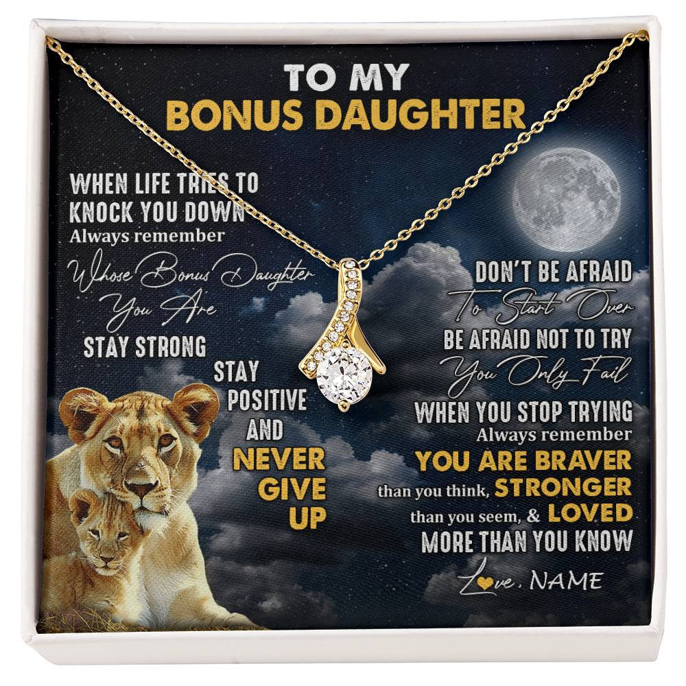 Alluring Beauty Necklace 18K Yellow Gold Finish | 1 | Personalized To My Bonus Daughter Necklace From Stepmom Lion Never Give Up Stepdaughter Birthday Graduation Christmas Customized Gift Box Message Card | siriusteestore