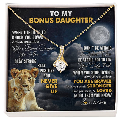 Alluring Beauty Necklace 18K Yellow Gold Finish | 1 | Personalized To My Bonus Daughter Necklace From Stepmom Lion Never Give Up Stepdaughter Birthday Graduation Christmas Customized Gift Box Message Card | siriusteestore