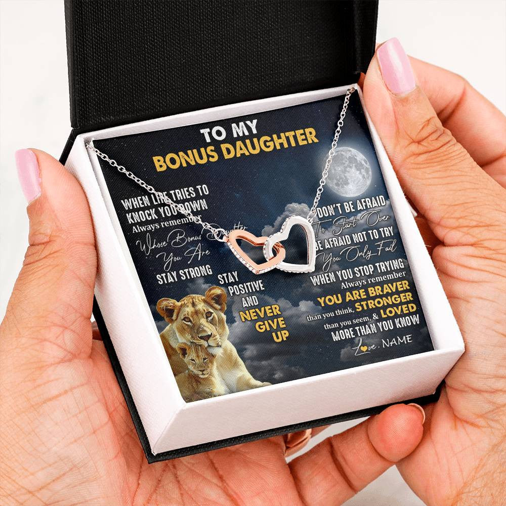 Interlocking Hearts Necklace Stainless Steel & Rose Gold Finish | 2 | Personalized To My Bonus Daughter Necklace From Stepmom Lion Never Give Up Stepdaughter Birthday Graduation Christmas Customized Gift Box Message Card | siriusteestore