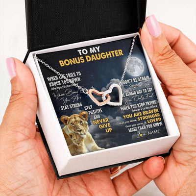 Interlocking Hearts Necklace Stainless Steel & Rose Gold Finish | 2 | Personalized To My Bonus Daughter Necklace From Stepmom Lion Never Give Up Stepdaughter Birthday Graduation Christmas Customized Gift Box Message Card | siriusteestore