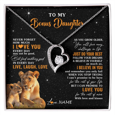 Forever Love Necklace 14K White Gold Finish | 1 | Personalized To My Bonus Daughter Necklace From Stepmom Live Laugh Love Lion Stepdaughter Birthday Gifts Positive Christmas Customized Gift Box Message Card | siriusteestore
